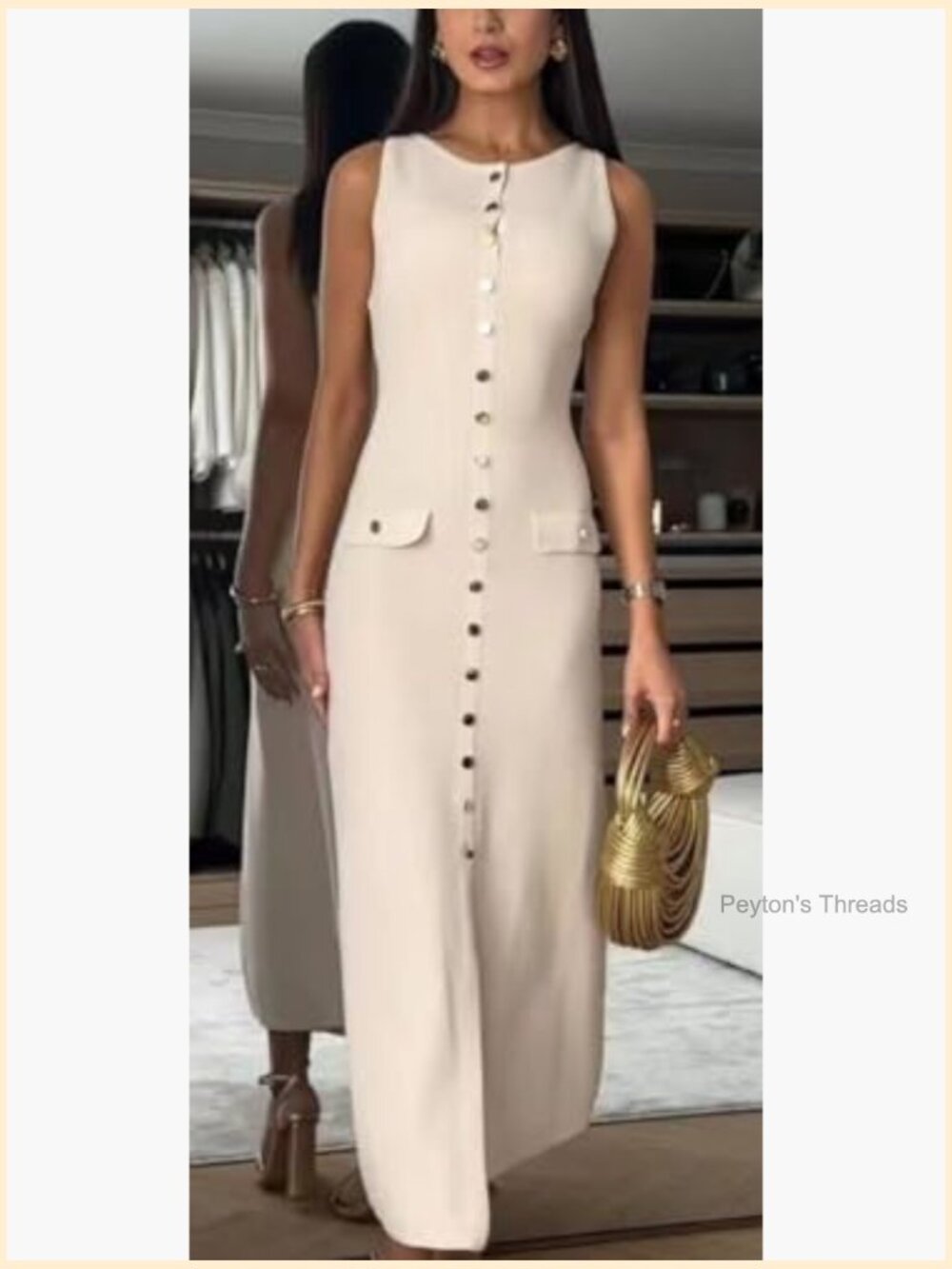 Sleeveless Knit Maxi Dress Crew Neck Bodycon Slit - Picture 3 of 7